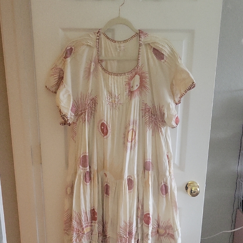 Cream Boho Tiered Gauze Dress with Pink Sunburst Print
